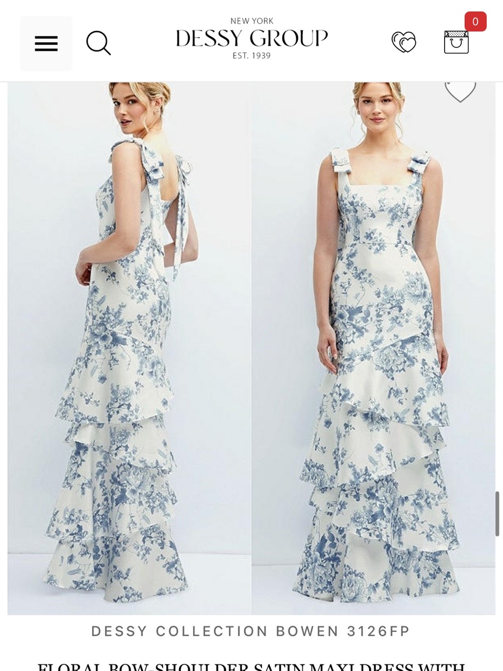 Dessy Floral Bow-Shoulder Satin Maxi Dress in Blue and White
